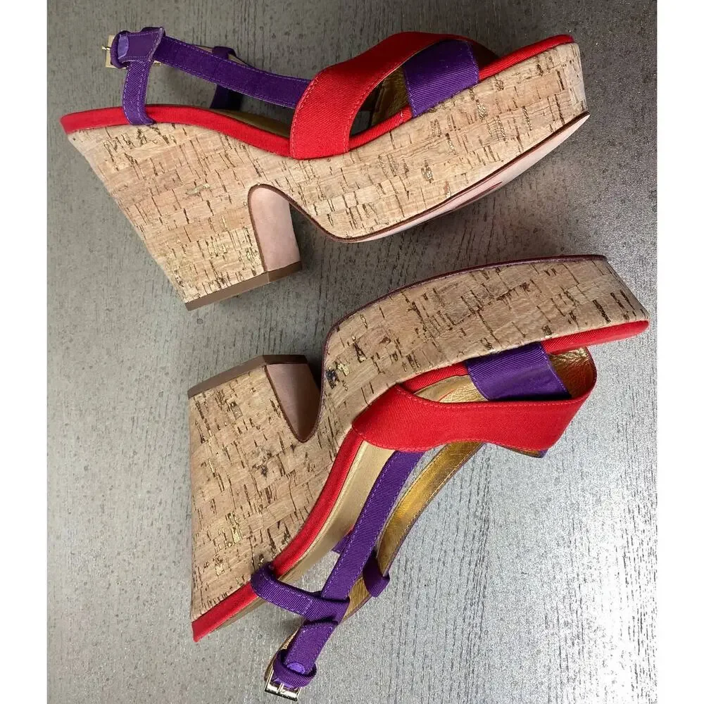 KATE SPADE SANDALS 10 PENNY PLATFORM CHUNKY CORK WEDGE HEELS STRAPPY RED PURPLE